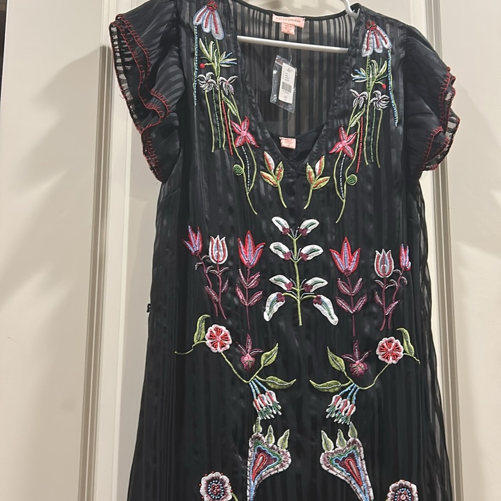 Anthropologie Black Dress with Multicolor Floral Embroidery - Picture 9 of 10